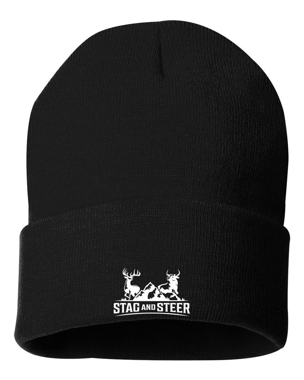 Black cuffed beanie with white Stag and Steer logo