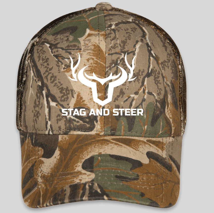 Camo trucker cap with white Stag and Steer logo