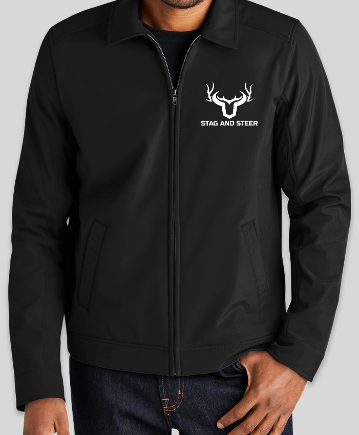 Black soft shell jacket with white Stag and Steer logo