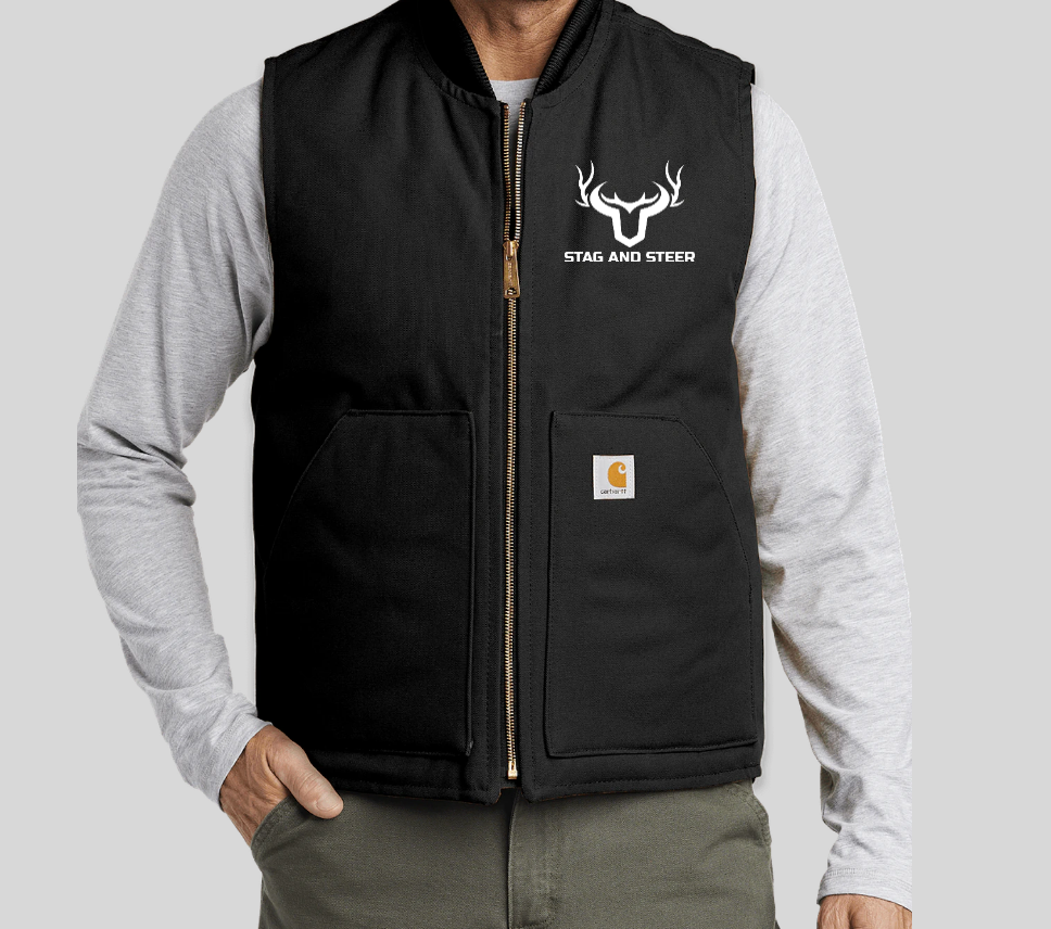 Black work vest with white Stag and Steer logo